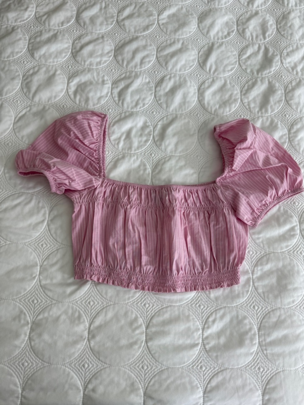 Zara Pink and White Striped Puff-Sleeve Crop Top